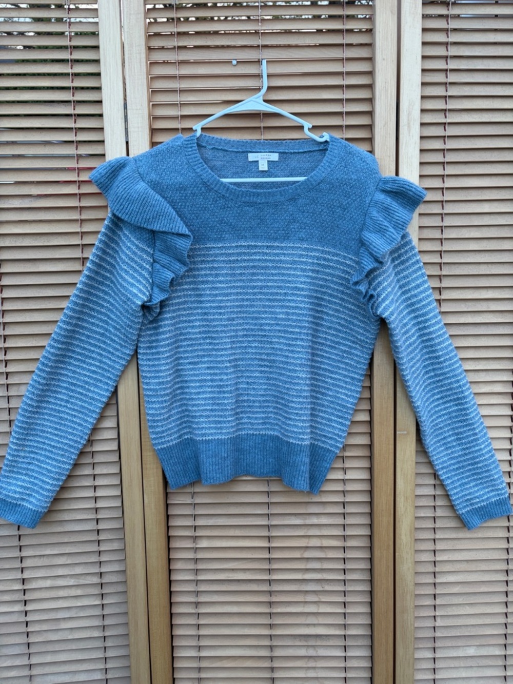 LC Lauren Conrad Blue Ruffle-Shoulder Striped Sweater